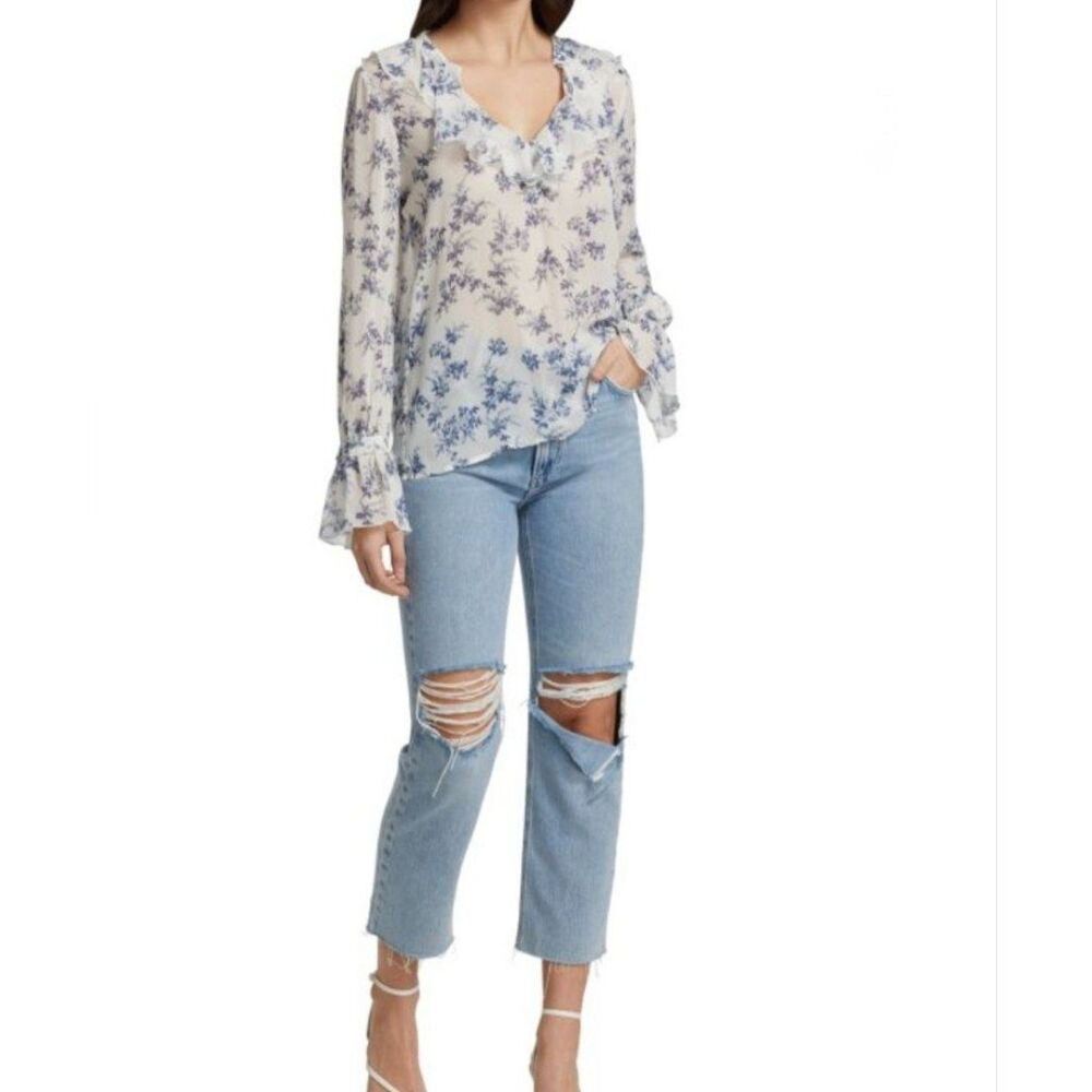 Paige Ginger Women's XS Blue White Floral Silk Blouse